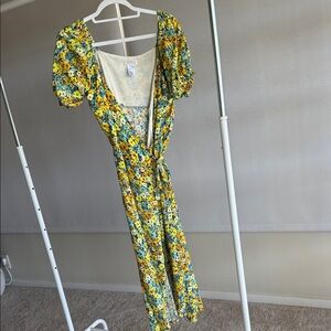 L Space Yellow Floral Puff Sleeve Wrap Midi Dress